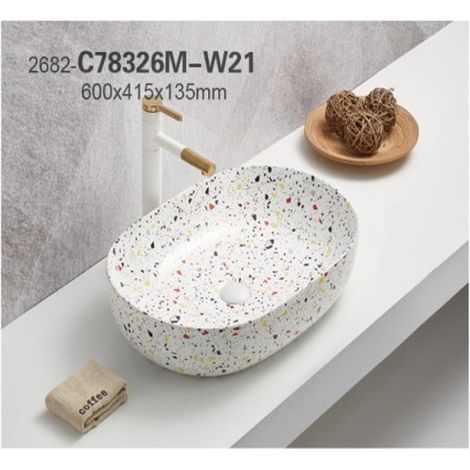 Ac-Deco – Vasque à poser en céramique imitation terrazzo – Ovale – L 60 x l 41,5 x H 13,5 cm – Pour salle de bain moderne