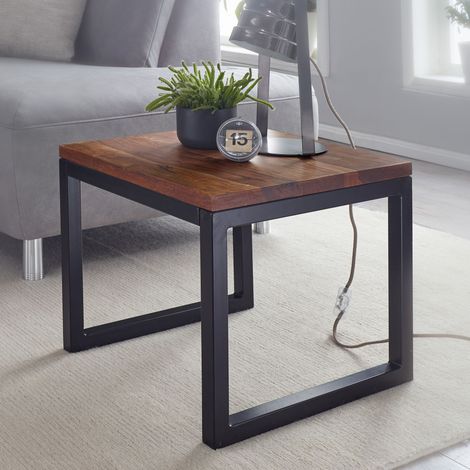 Table d'appoint carrée 45x40 cm en sheesham massif et acier noir (1/5)