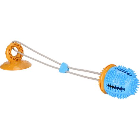 Jouet à mâcher pour chien, distributeur de nourriture et brosse à dents, avec ventouse, bleu et jaune. (1/5)