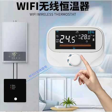 Thermostat sans fil WiFi chaudière RF433 Tuya blanc avec affichage LCD et commande vocale (1/5)
