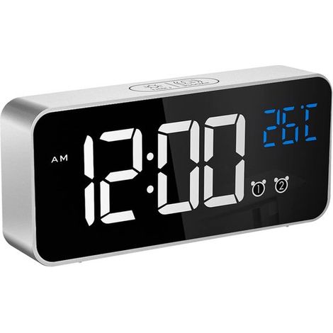 Longziming - Réveil musical LED rechargeable - Argent - Grand réveil numérique avec port USB, luminosité et volume d'alarme réglables (1/5)