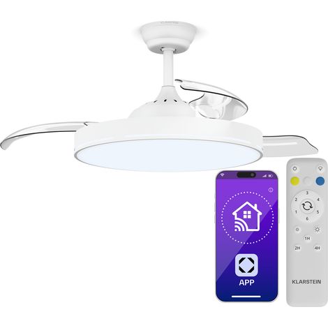 Klarstein AirFold Ventilateur de Plafond avec Lumière  Pales Rétractables, LED Dimmable, Contrôle Intelligent, Silencieux 40dB, Télécommande, 107cm, Blanc