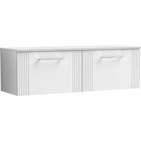 Belvide Partial Fluted 2 Drawer Wall Hung Vanity Unit with Colour Coordinating Worktop - 1200mm - Satin White