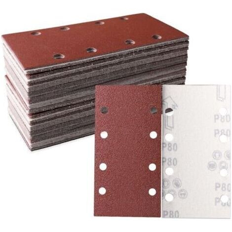 Lot de 30 feuilles abrasives 93 x 185 mm - Papier abrasif carré auto-agrippant 8 trous - 80 grains - Idéal pour ponçage, polissage et dérouillage - Convient pour ponceuse rectangulaire (1/4)