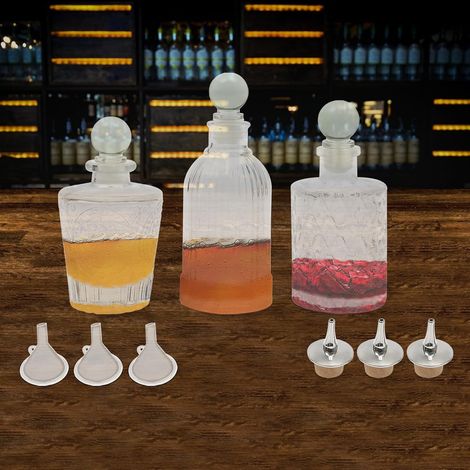 Bitters Bottle Set of 3, Vintage Glass Dasher Bitter Bottles, Cocktail Whiskey Mixing Drinks Dispenser with Top Covers, Soda-lime Glass Dash Bottle Set with Funnels and Stoppers (1/5)