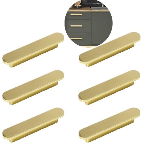 6 poignées laiton brossé or entraxe 64mm, pour placards et meubles de cuisine (1/4)