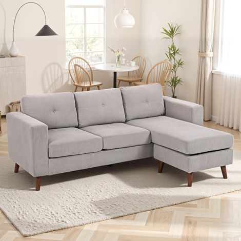 Divano angolare reversibile in velluto a coste, divano a 3 posti con chaise longue, struttura in acciaio, 192x137x84 cm, grigio chiaro