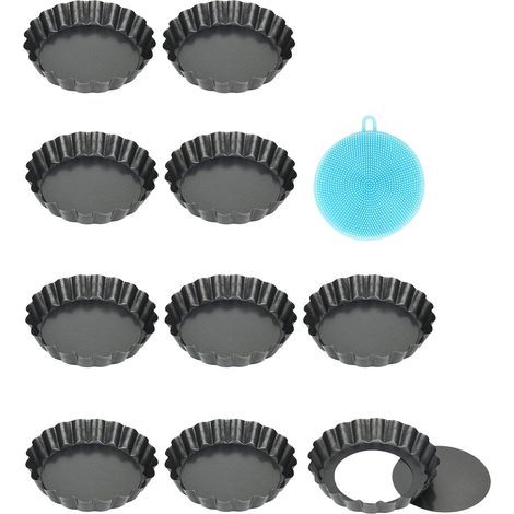 Lot de 10 Moule à tarte, Fond amovible, Acier carbone, Revêtement antiadhésif, 10 cm, Pour pâtisserie (1/5)