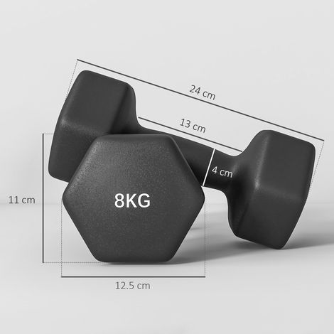 Haltères hexagonales, lot de 2 (2 x 8 kg), métal et plastique, avec poignées antidérapantes, 24 x 11 x 11 cm, noires (1/5)