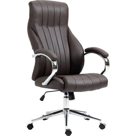 Sedia da ufficio con braccioli e cuciture verticali in vera pelle marrone struttura in metallo cromato 100007047