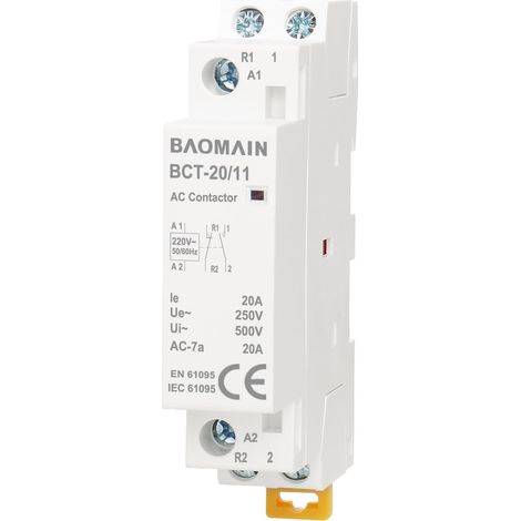 Contacteur modulaire bipolaire 220 V CA, 20 A 1NO1NC Normalement ouvert + Normalement fermé, Montage sur rail DIN pour CVC, moteurs, pompes et commande d’éclairage BCT‑20/11‑220VAC (1/5)
