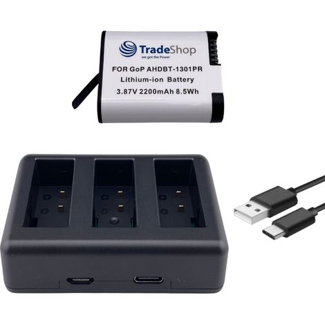 Trade-Shop 2in1 Set: Akku (abgerundete Form) 2200mAh + USB-C LCD Triple Ladegerät kompatibel mit GoPro HERO13 Black, AHDBT-1301, AHDBT-1301PR, CPSS1B (1/5)