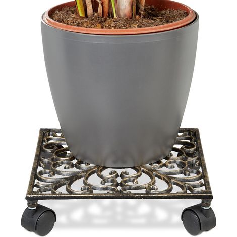 Relaxdays Plant Caddy Cast Iron, Square, 27.5 x 27.5 cm Art Nouveau Style w/ 4 Wheels, Sturdy and Weather-Proof, Bronze