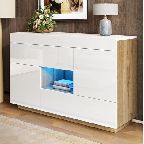 Buffet 120/76,5/37 cm blanc avec façades brillantes, LED 16 couleurs et rangements (1/5)