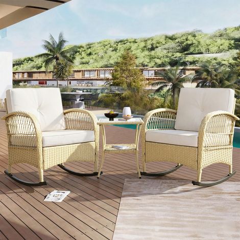 Mobilier de balcon rotin 3 pièces : chaise basculante avec coussins beiges, capacité 160 kg