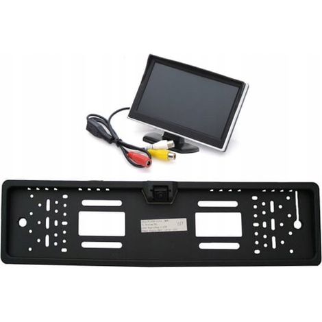 Kit economico composto da un monitor da 5'' e una telecamera per la retromarcia integrata nella cornice della targa.