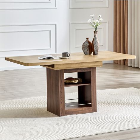 Table extensible de comedor MDF efecto madera natural y nogal 130/160x80 cm con estantes, para 4 a 8 personas (1/5)