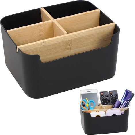 Schreibtisch-Organizer – 1 Stück – Bambus und schwarzes ABS – 5 herausnehmbare Fächer – Aufbewahrung für Stifte und Zubehör – 18,2 x 9,3 x 14,6 cm (1/5)