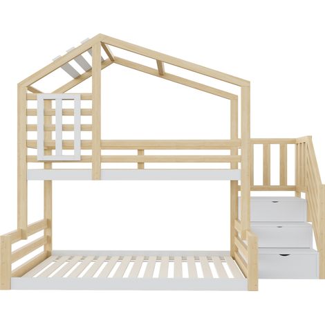 CAIziLit superposé 90x200 pin naturel avec escalier rangement et garde-corps (1/5)