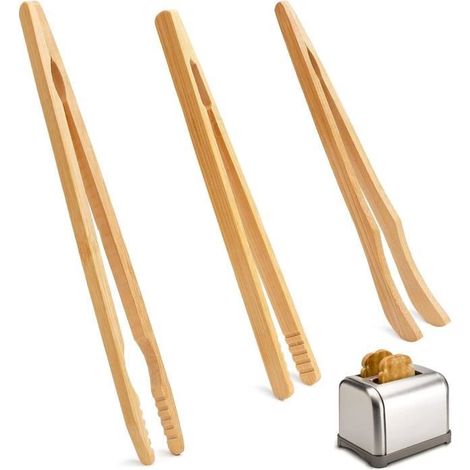 Lot de 3 pinces à toast, bambou naturel, 18-21 cm, résistantes à la chaleur, écologiques, pour petit-déjeuner et brunch (1/4)