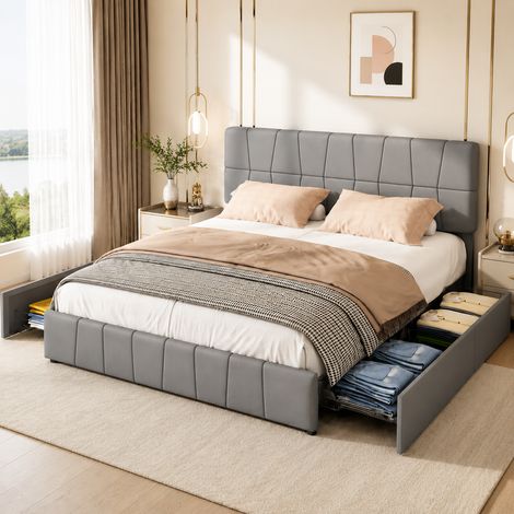 Lit coffre adulte 160 x 200 avec 4 tiroirs - Lit double adulte 160 x 200 avec tête de lit capitonnée - Sommier à lattes - Velour teddy - Gris - Style scandinave (1/5)