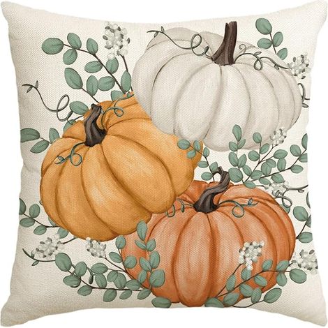 Funda de almohada decorativa con calabazas y eucalipto, 45x45 cm, decoración otoñal (1/4)