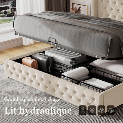 Lit capitonné forme oreiller, double rangée de clous en velours, boutonnières surpiqûres, lit 140x190 avec mécanisme hydraulique, sommier non tissé imperméable noir et beige (1/5)