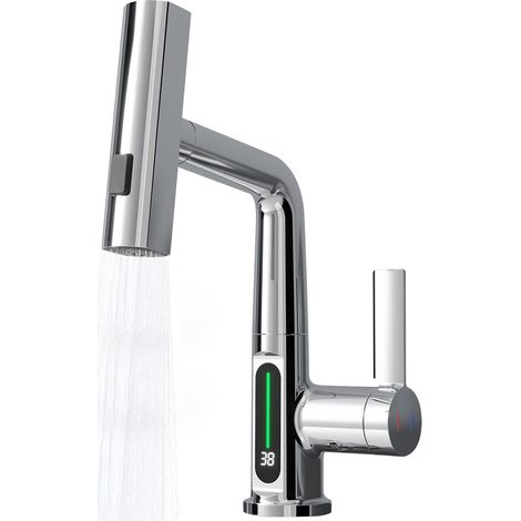 Mitigeur Cuisine Douchette Extractible Écran LED Température Hauteur Réglable 360° Pivot 3 Modes Monocommande Acier Inoxydable Robinet Évier (1/4)
