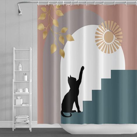 165x183cm Milieu du Siècle Abstrait Rideau de Douche Drôle Noire Chat Eucalyptus Silhouette Bohème pour Enfants Salle de Bains Polyester avec Crochets (1/5)