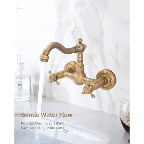Double poignée bronze antique mural – Bec pivotant 360°, longueur 16 cm – Cuivre massif pour salle d’eau
