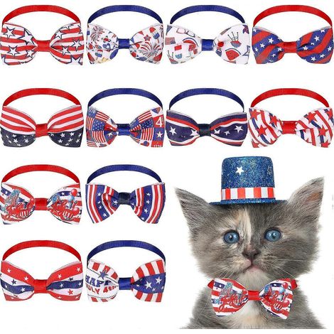 Set mit 12 verstellbaren Krawatten für Hunde und Katzen, patriotisches Muster und Flaggenmotiv, für Welpen und andere Haustiere.