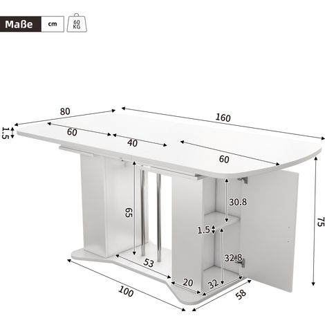 Table à manger extensible, rangement intégré, 160 x 80 x 75 cm, métal et MDF, argenté (1/5)