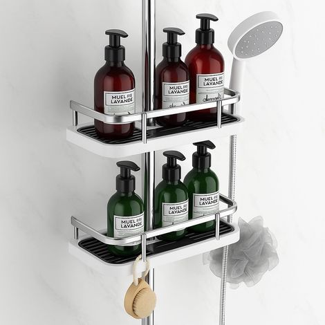 Shower Riser Rail Wall Mounted Shower Slide Bar with Soap Adjustable Shower Head Guide Rail Slide Bar Stainless Steel for Home Bathroom (White+Black) (1/5)