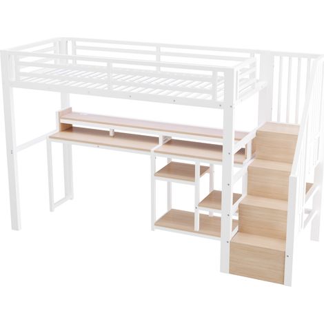 Lit mezzanine 90 x 200 cm en métal et MDF blanc avec échelle, étagère, USB Type-C et LED (1/5)