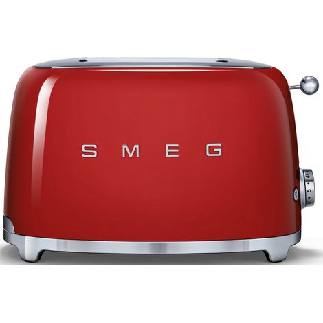 Smeg – Grille-pain rouge 2 tranches 950W – 6 niveaux de brunissement – Fonction réchauffage, décongélation, bagel – Tiroir ramasse-miettes amovible