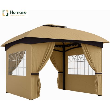 HOMAIRE Pavillon de jardin beige 3,4x3,4 m avec toit double, protection UV, cadre métallique galvanisé et 4 panneaux latéraux