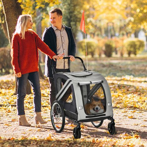 Rimorchio per bicicletta per cani 2 in 1 con porte avvolgibili, cintura di sicurezza, capacità di carico 30 kg, 140x72,5x108 cm, grigio (1/5)