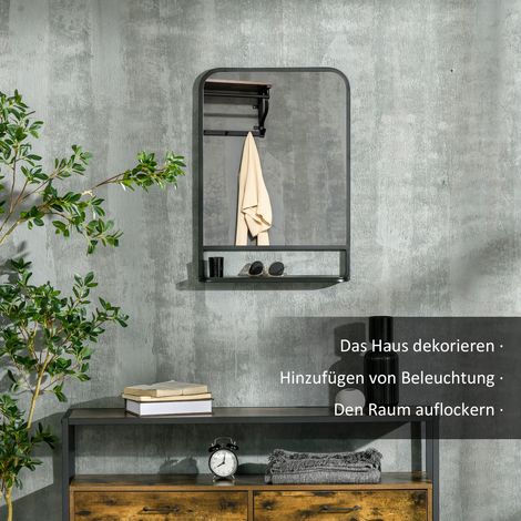 Miroir de mur à cadre métallique, bords ronds, 1 tablette, 70 cm x 10,2 cm x 50 cm, noir et argent