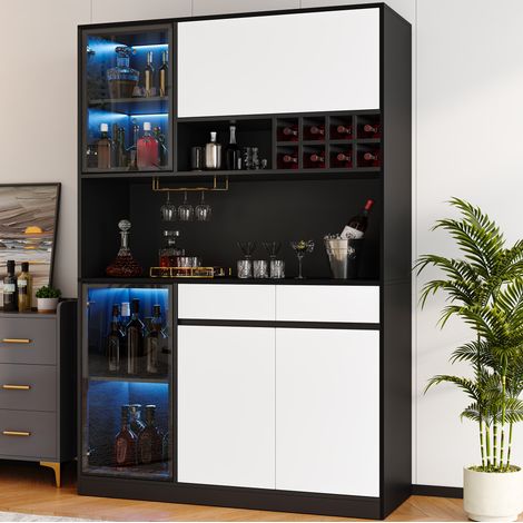 Credenza alta con LED 120 x 35 x 180 cm, ante in vetro e portabottiglie DESVIAE (1/5)