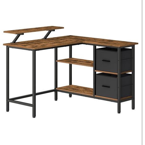 Bureau en forme de L avec 2 tiroirs spacieux bureau gaming avec support pour écran bureau d’angle bureau d’ordinateur avec étagère réglable pour bureau marron