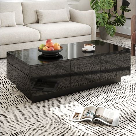Table basse 100x31x50 cm noire en panneau de particules avec tiroirs et rangements coulissants (1/5)