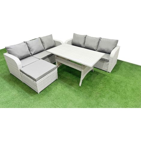 Fimous Outdoor Garden Furniture Sets 7 Seater Wicker Rattan Furniture Sofa Sets with Rectangular Dining Table high Back Lounge Sofa Big Footstool Light Grey (1/4)