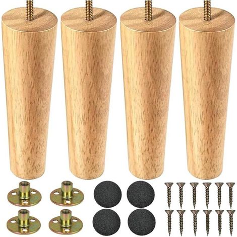 Pieds de meubles en Bois 20cm Pied de Table 4 Pièces Pieds de Table en Bois Conique Massif Pieds de Canapé Pieds de Meubles de Remplacement avec Vis de Plaque de Montage et Tapis Antidérapant (1/5)