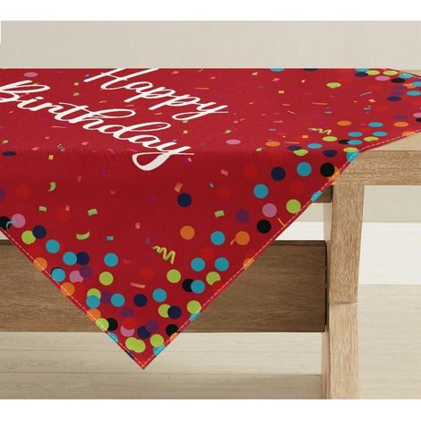 Chemin de table Anniversaire Rouge Pois 85x85 cm Carré Polyester Lavable