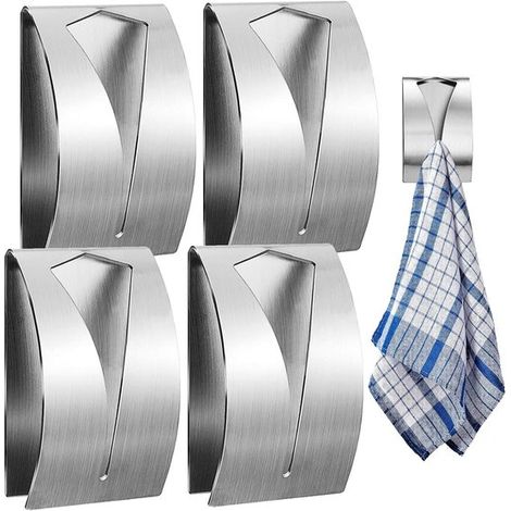 Set di 4 ganci portasciugamani in acciaio inox, ganci portasciugamani autoadesivi, ganci da cucina, ganci per strofinacci da bagno e cucina, argento (1/5)