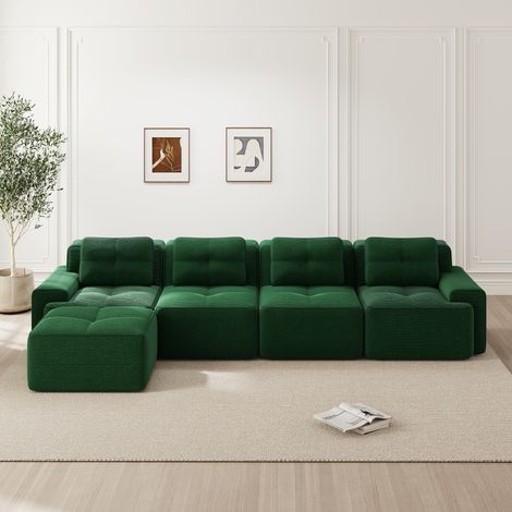 Canapé désossé salon,modulaire chaise longue L,canapé bas 4 places velours Cloud,sans montage,antidérapant,vert