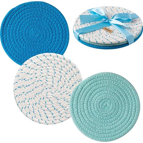 Ensemble de 3 dessous de plat élégants en pur coton tissé (17,8 cm de diamètre), parfaits pour la cuisine et la pâtisserie. 100 % coton pur. (1/5)