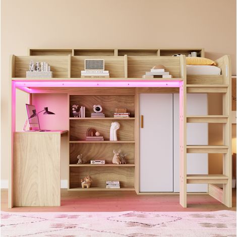 Multifunktions-Hochbett 90x200 cm mit Schreibtisch, Schrank, LED und Steckdose, Holzoptik (1/5)