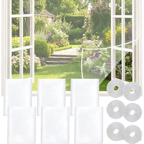 Lot de 6 moustiquaires autocollantes pour fenêtre, 130 x 150 cm, à découper soi-même, filet anti-insectes amovible pour insectes, mouches et moustiques, garde au frais et sans parasites en été (blanc) (1/5)