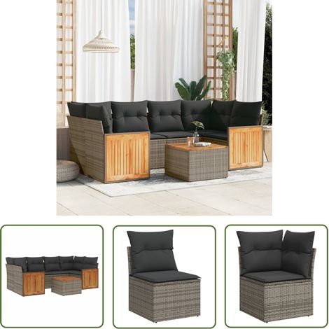 The Living Store 7-tlg. Garten-Sofagarnitur mit Kissen Grau Poly Rattan - Gartenmöbel Set - Rattan Möbel - Outdoor Lounge - Esstisch - Sofas (1/5)
